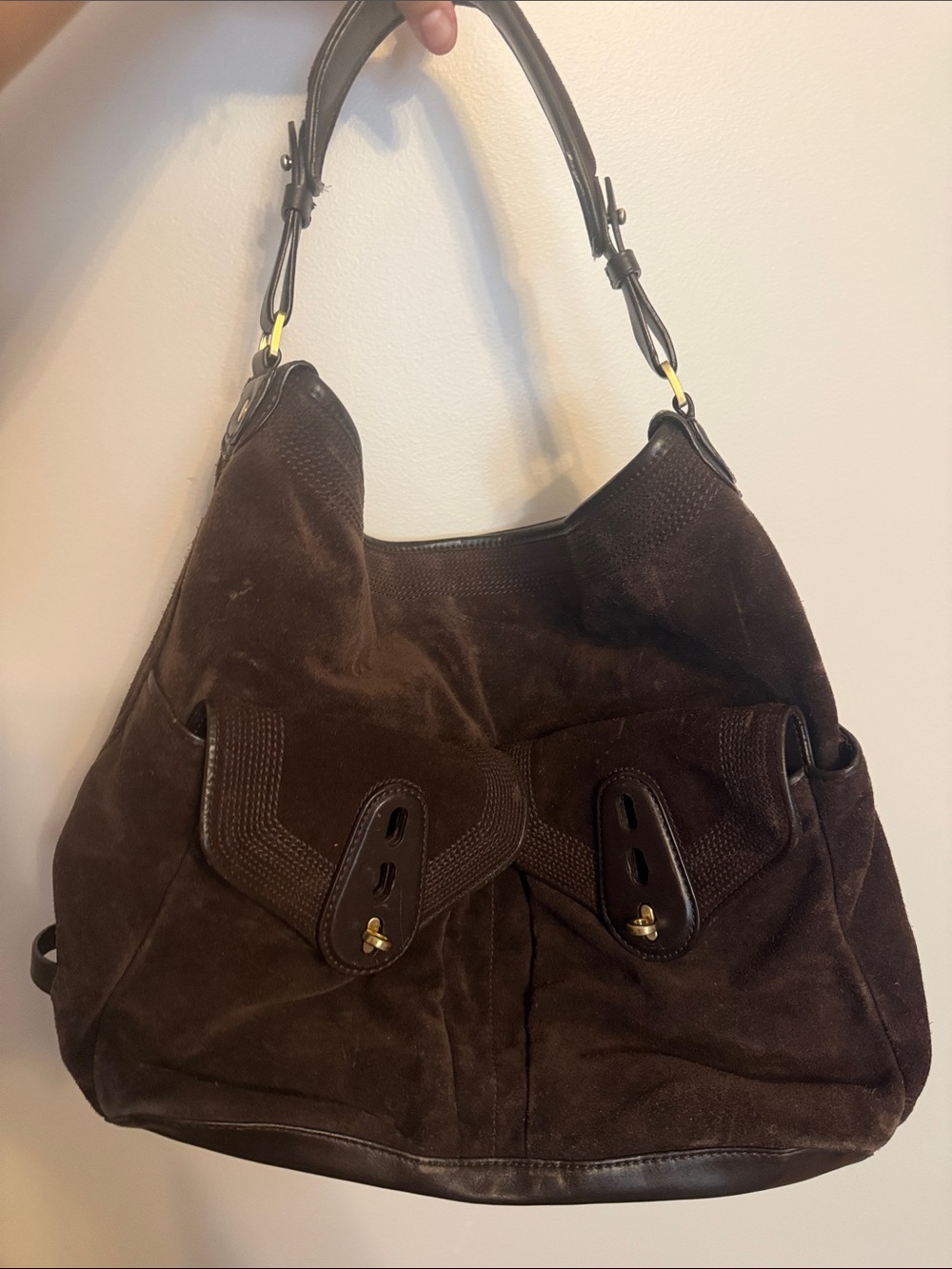 Cole Haan Dark Brown Suede Shoulder Bag with Front Flap Pockets